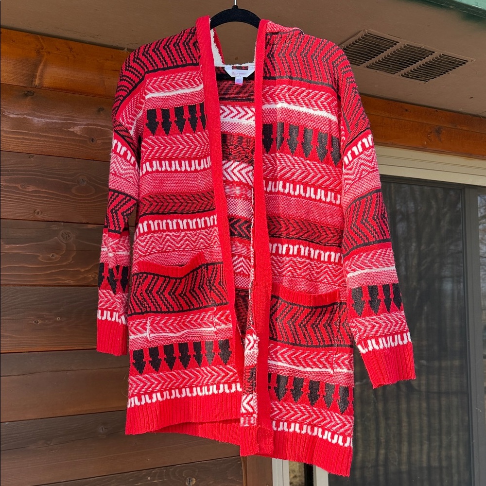 No Boundaries Red and Black Patterned Open-Front Cardigan